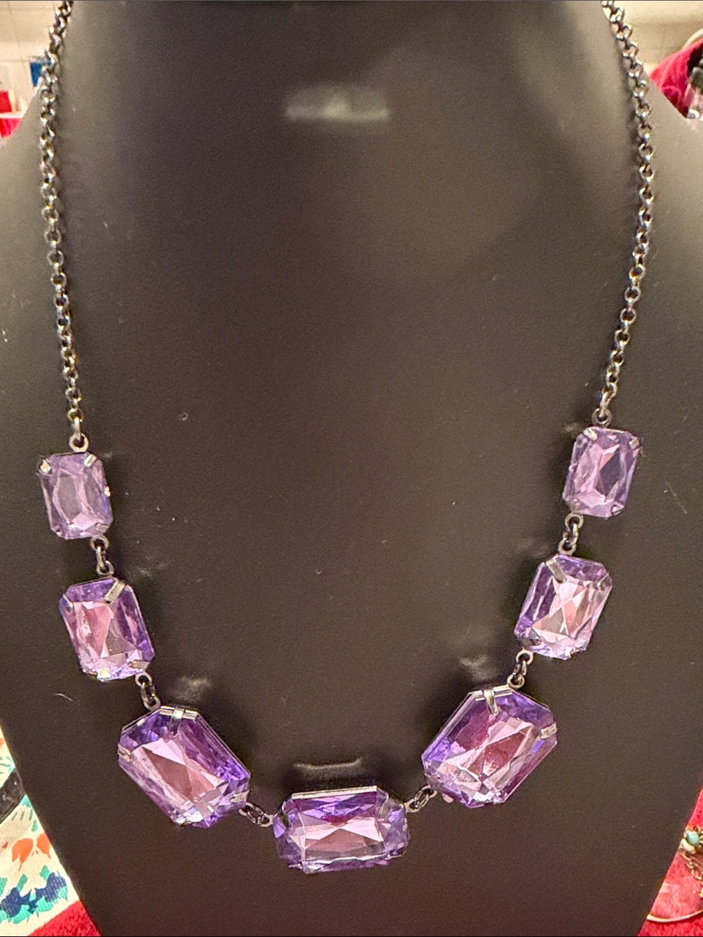 Vintage Avon Purple  acrylic squares w blackened chain necklace-17”-20” like new